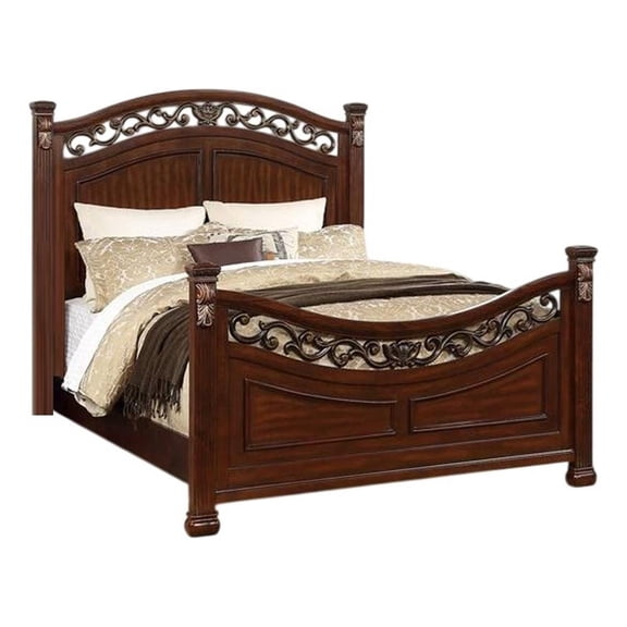 Benjara Miri Arched Carved Leaf King Size Bed - Oak Brown