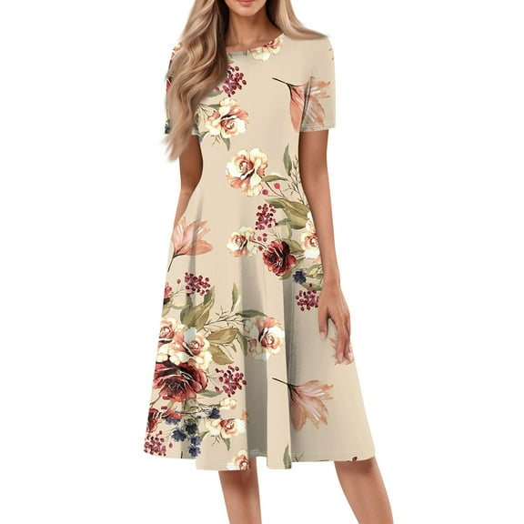 bbyeadc Summer Dresses for Women 2025 Vintage Short Sleeve Crewneck Mid-Length Dresses with Side Pocket Casual Loose A Line Dress Beach Floral Print Sundresses, Light Brown XL