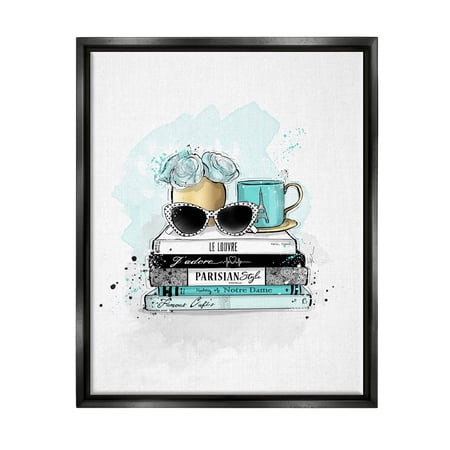Stupell Industries Turquoise Fashion Book Stack Graphic Art Jet Black Floating Framed Canvas Print Wall Art Design by Alison Petrie