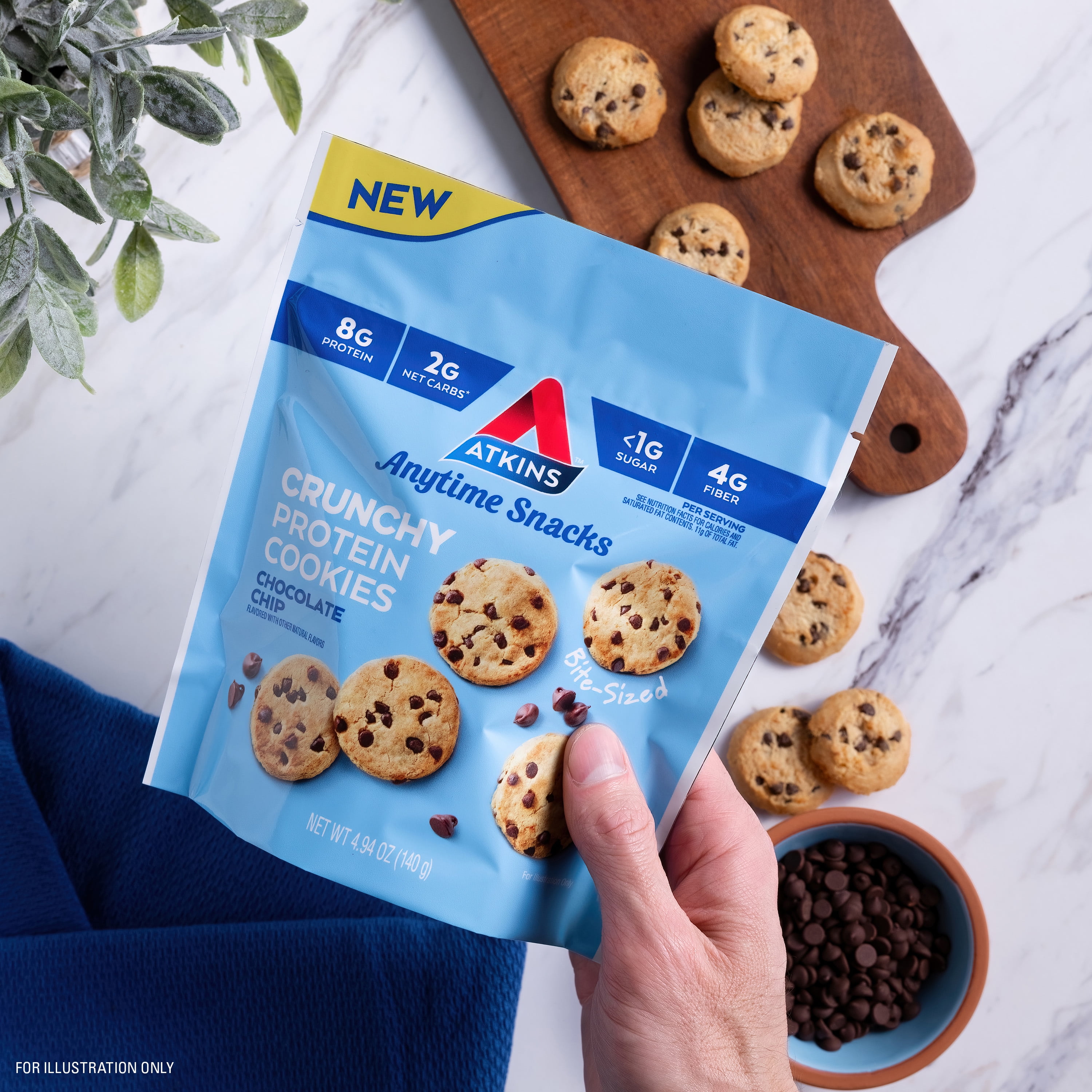 (4 pack) Atkins Crunchy Bite-Sized Protein Cookies, Chocolate Chip, 4.94 oz Resealable Bag