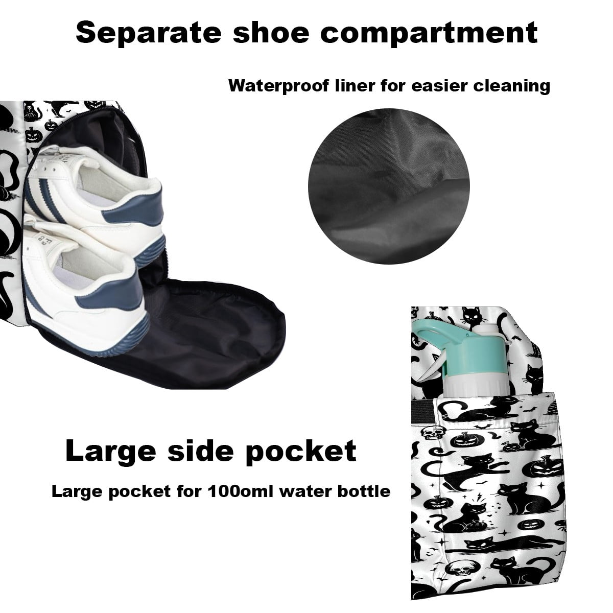 Large Gym Bag with Shoe Compartment, Water-Resistant Duffle Bag for Men and Women, Halloween Black Cats Elements Sports Tote for Workout Travel