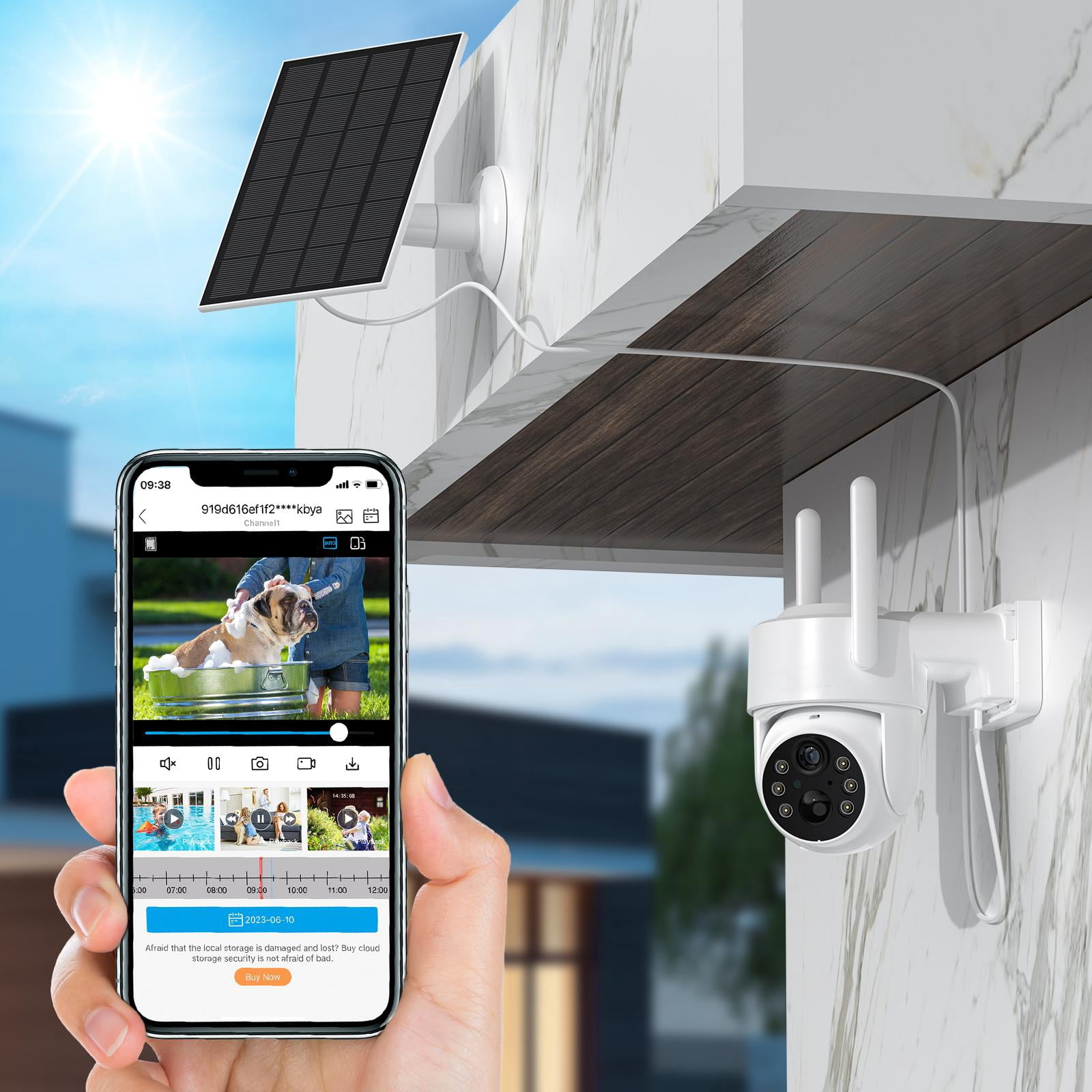 TopVision Outdoor Surveillance Camera, 360° Pan & Tilt, 2K Resolution, Weatherproof, Solar Panel, White