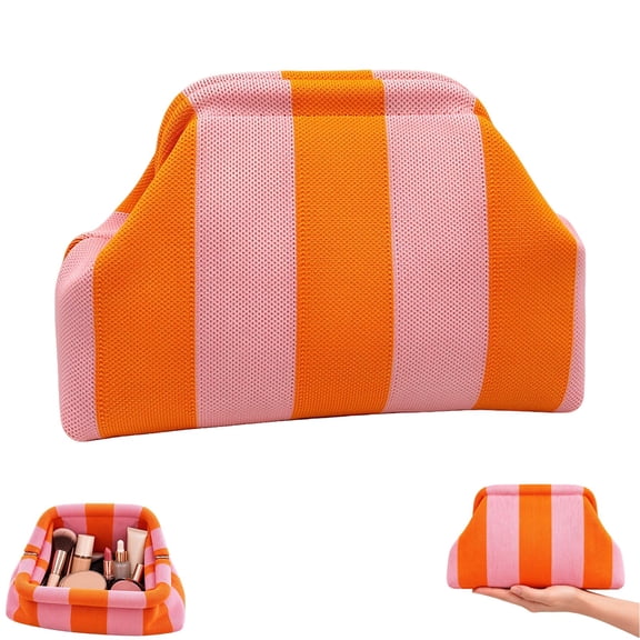 Snap Shut Makeup Bag, Striped Makeup Bag for Women, Large Capacity Wide Open Cosmetic Organizer for Travel