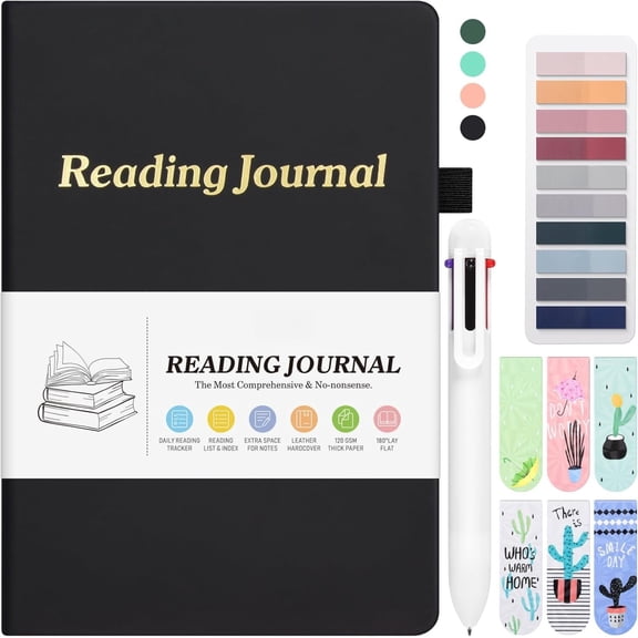 Reading Journal for Book Lovers Gifts, Book Journal for Reader, Book Journal Reading Log, 65 Book Review Journal with Bookmarks, Book Tabs, Multicolor Pen, Reading for Women Men, Black