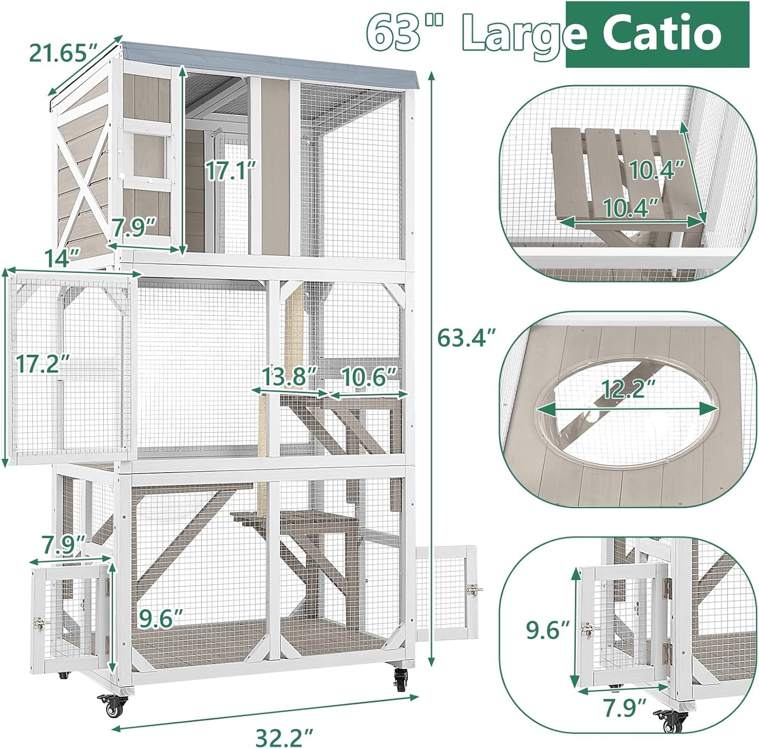 Petsblublu Outdoor Cat Enclosure with Wheels, Window Catio Large Cat House with 3 Platforms