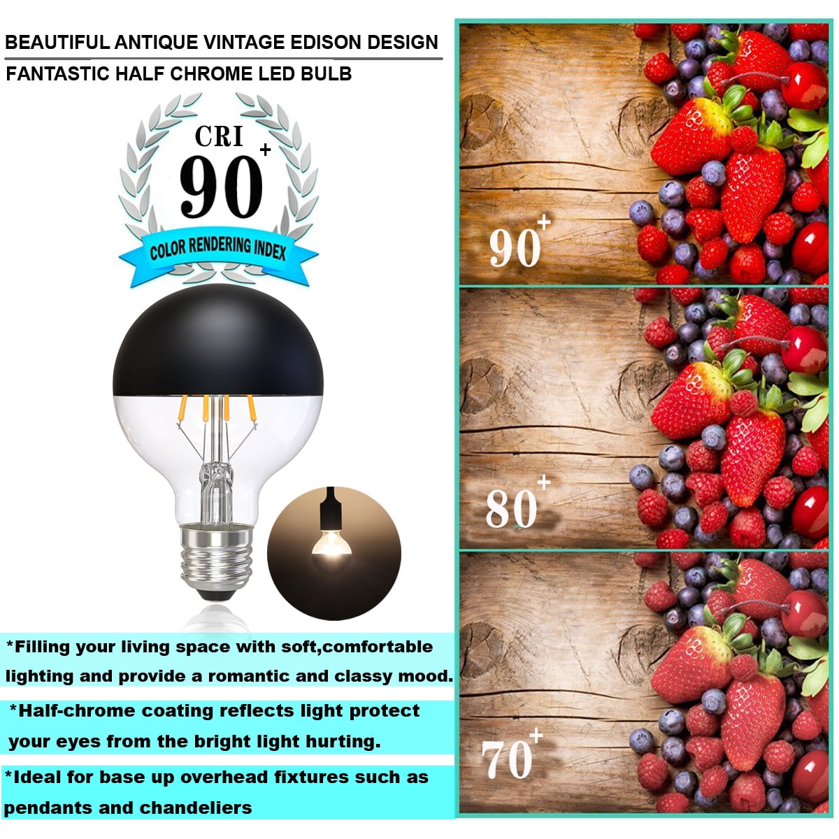 Half Chrome Light Bulb Dimmable 6W (Equivalent 60 Watt) LED Edison Bulb G25/ G80 Half Black Dipped LED Bulb Globe Shape 2700K Warm White Decorative Mirror Light Bulb CRI 90+ E26 Base Pack of 2 (Black)