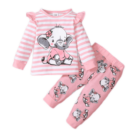 

NZRVAWS Baby Girls Outfits Long Sleeve Elephant Print Stripe Ruffle Sleeve Round Neck Top +Elephant Print Pants 2Pcs Clothes Set 6-9 Months Pink