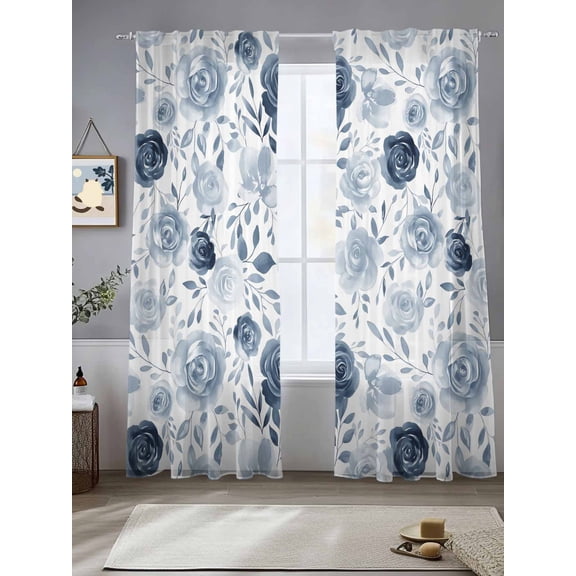 Vintage Flowers Sheer Curtains 2 Panels Set, 52" W x 84" L Light Blue Flowers Leaf Decoration Light Filtering Rod Pocket Voile Drapes, Window Sheer Curtains for Living Room/Bedroom