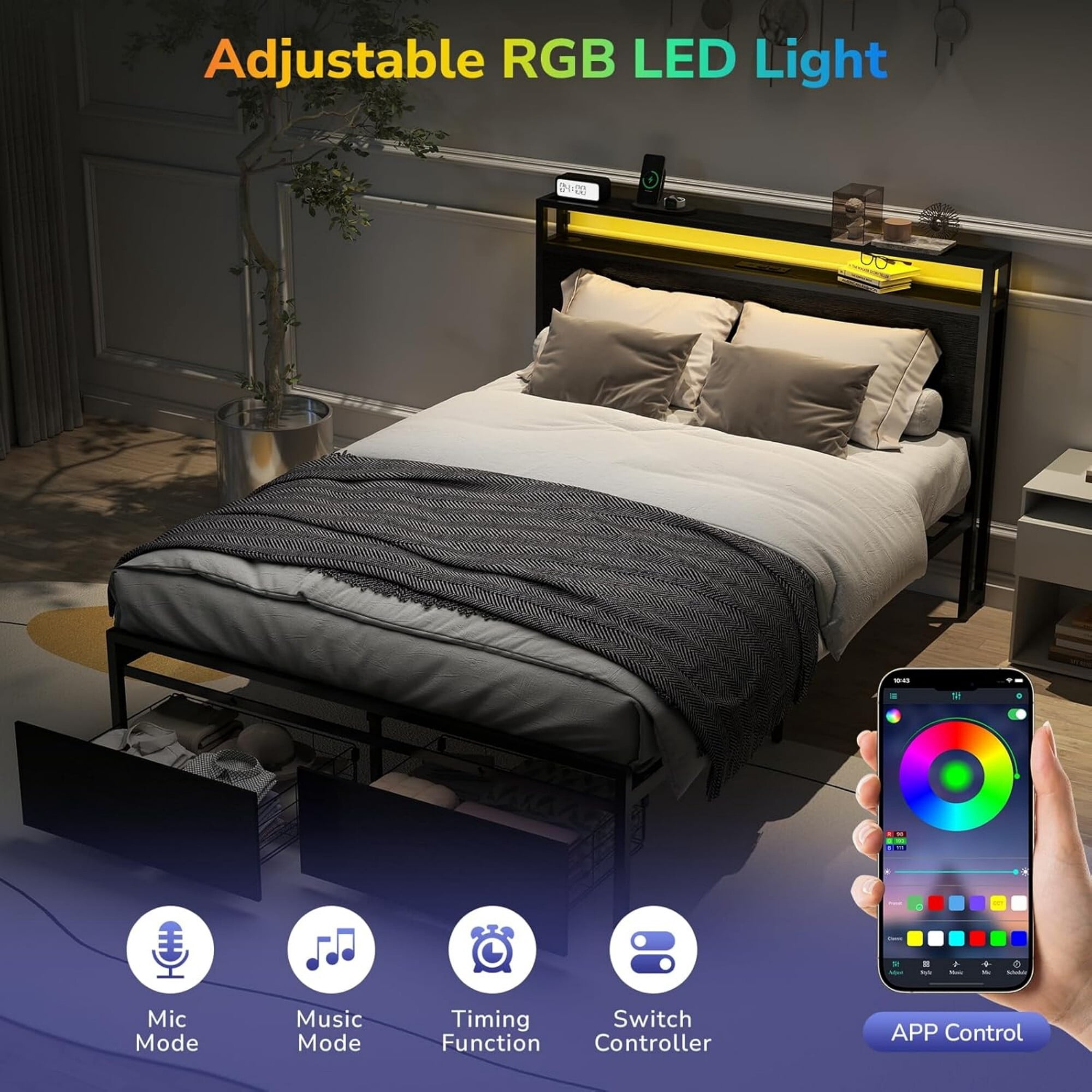 AENKYO Full Size Bed Frame with LED Lights, Storage Headboard & 2 Drawers, Built-in Charging Station, Antique Black