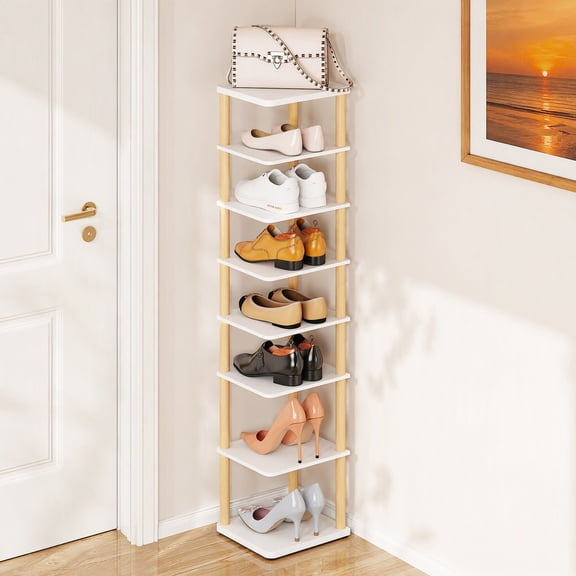 8 Tiers Freestanding Vertical Narrow Shoe Rack White, Wooden Storage Organizer for Entryway Closet Dorm Small Spaces