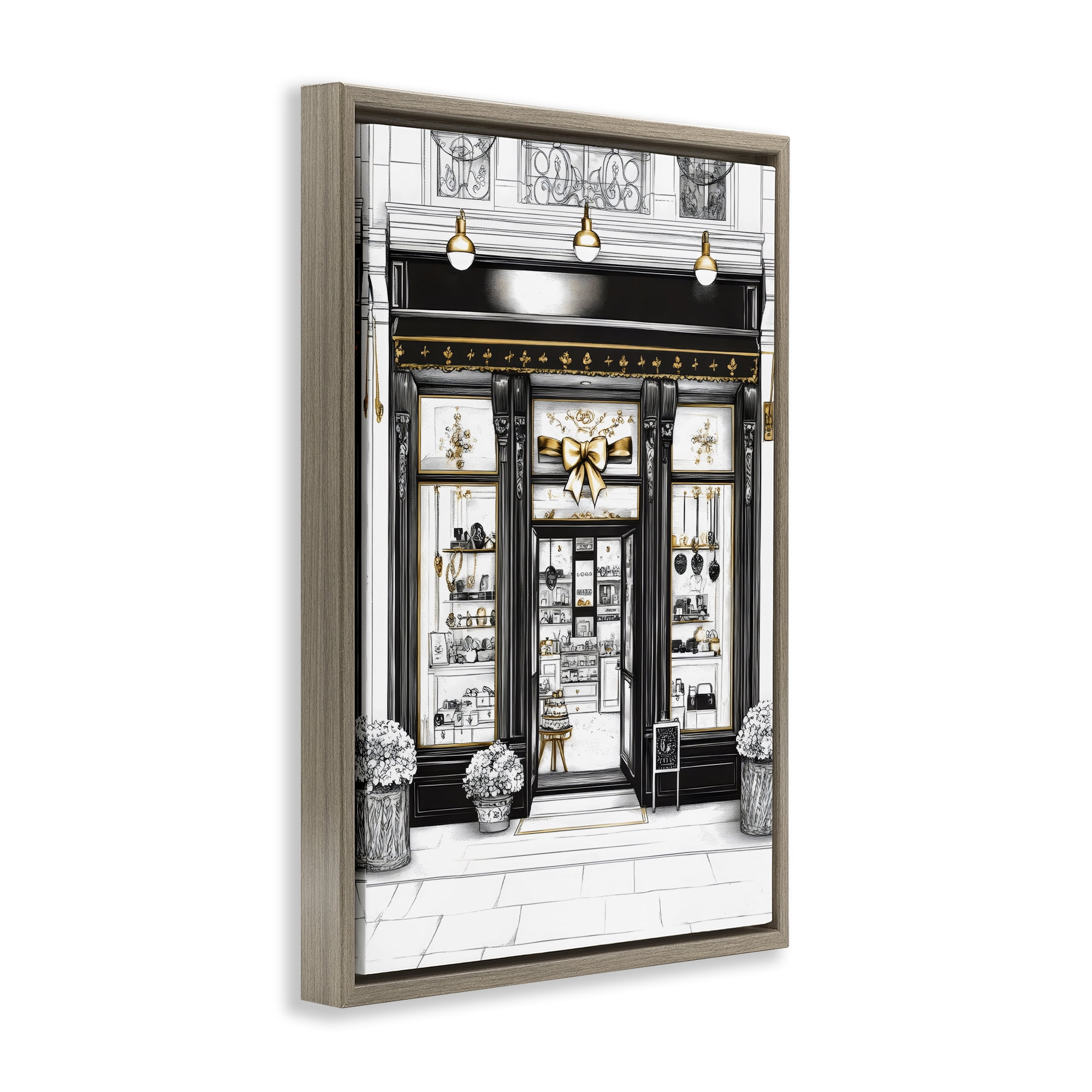Stupell Industries Glam Paris Shop Facade Brown Framed Floater Canvas Wall Art, design by Petal Prints Design
