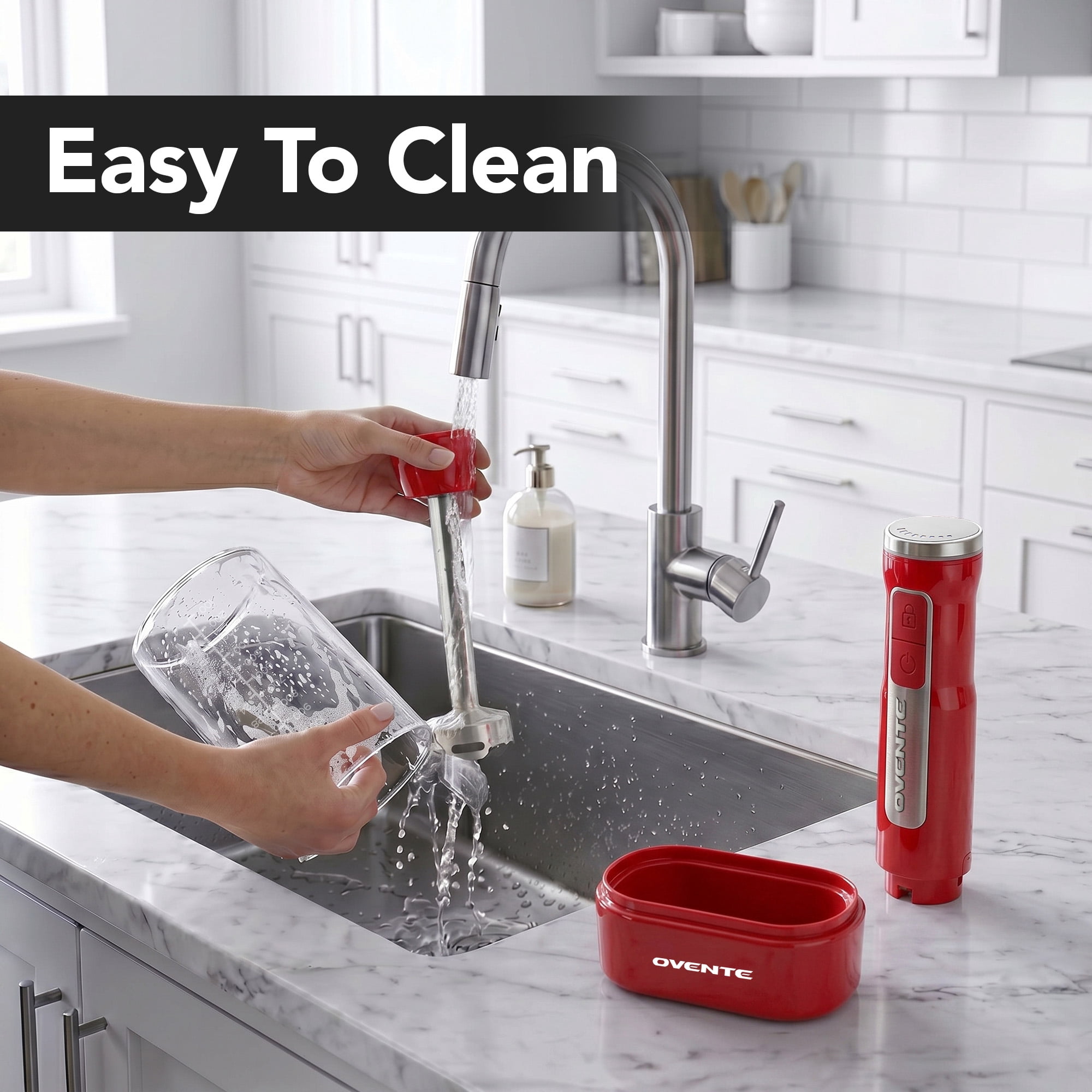 OVENTE Cordless Hand Blender, Rechargeable with 8 Mixing Speed Red HR781R | 200 Watts Handheld Portable Stick Mixer, One-Touch Control and Stainless Steel Blades for Smoothies, Shakes or Soups