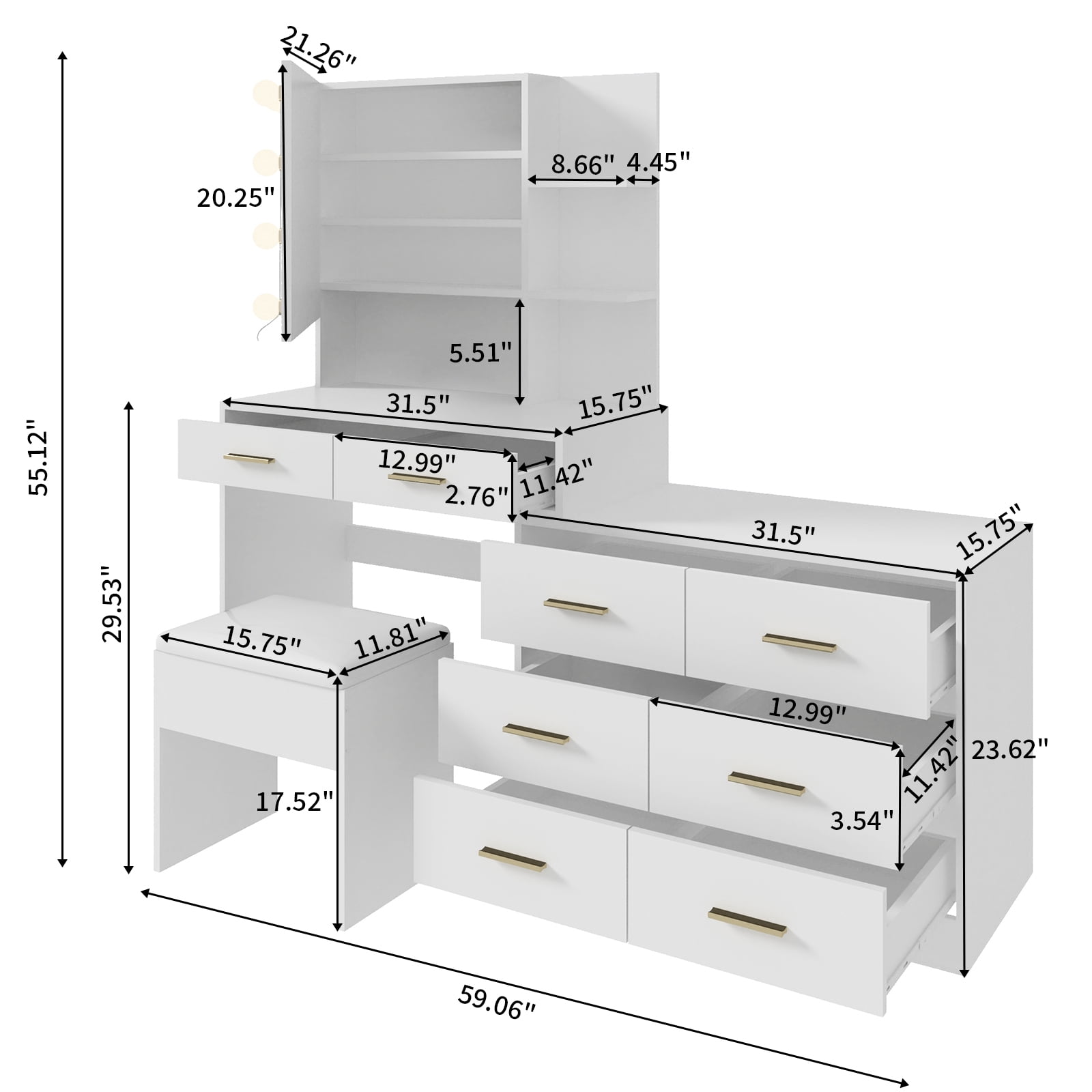 Ktaxon Makeup Vanity with 8 Drawers&Charging Station, Vanity Desk with 3 Color Light, Vanity Table Set w/ Drawer Dresser, White