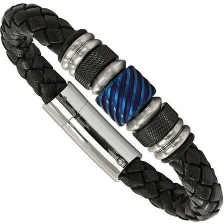 Primal Steel Stainless Steel Brushed/Polished Black IP/Blue IP Black Rubber/Black Leather Bracelet