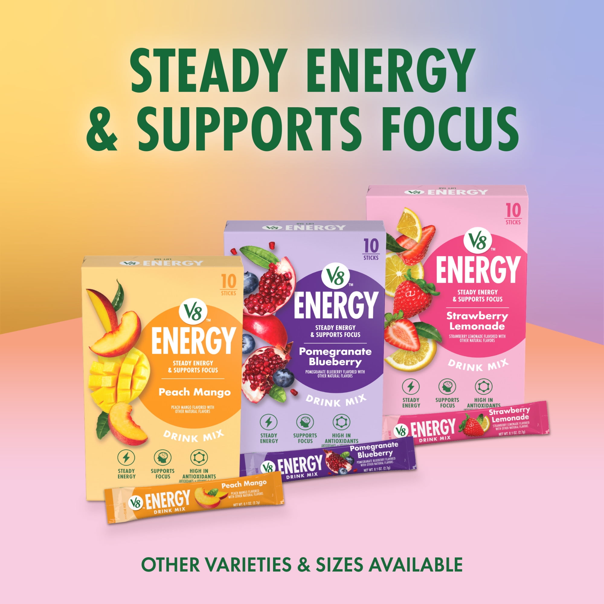 (12 pack) V8 Energy Pomegranate Blueberry Energy Drink Powder, .10 oz Packet (120 Count)