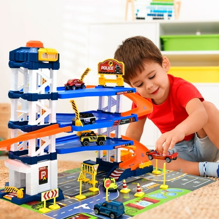 PUPWER Kids Garage Toy Set  Toy Vehicle Garage for Toddlers  Race Car Ramp Track Toy  Parking Garage Playset Toy with Play Mat 6 Alloy Cars  Gift for 3 + Boys and Girls as Christmas Halloween Easter
