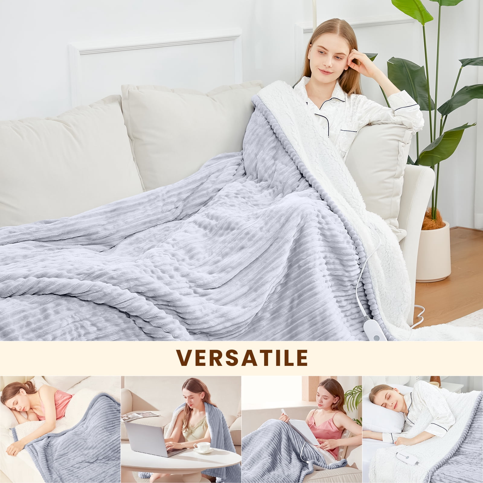 WISHEAD Electric Heated Throw Blanket with 5 Heat Levels & Auto Shut-off Flannel & Sherpa for Home Couch, Bed, Office Use, 50"x60", Light Gray