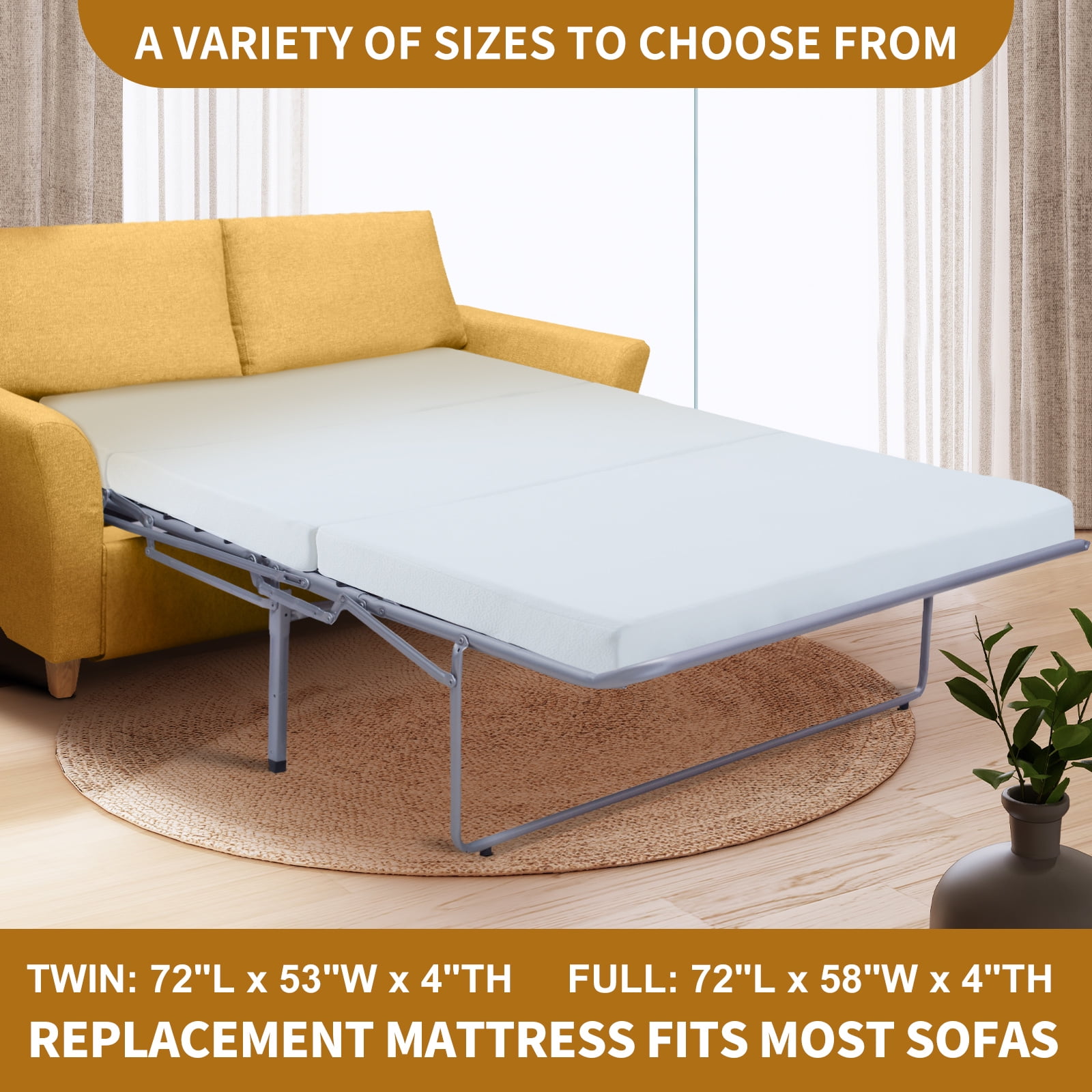 Slsy 4 Inch Memory Foam Replacement Mattress with Washable Cover, Foldable Three Fold Design Mattress, for Twin/Full Size Sleeper Sofa and Couch Beds (Sofa Not Included)