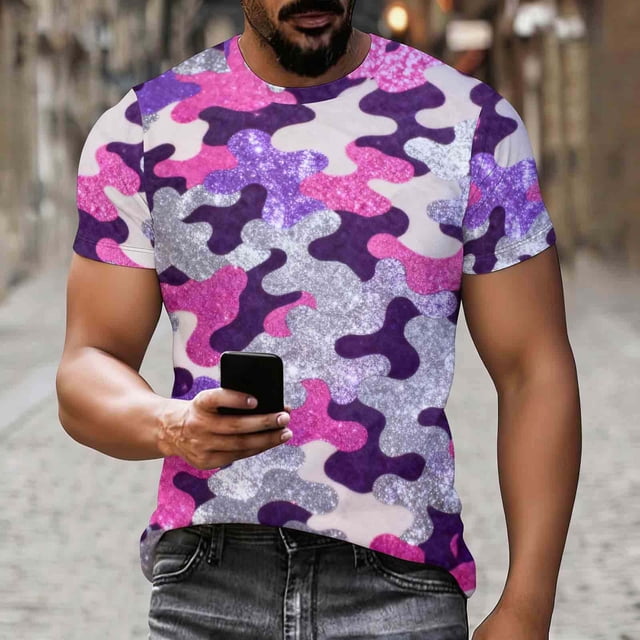 Ceisia Men's Slim Fit Purple Pink Glitter Camouflage Print Crew Neck Short Sleeve Casual T-Shirt Gifts
