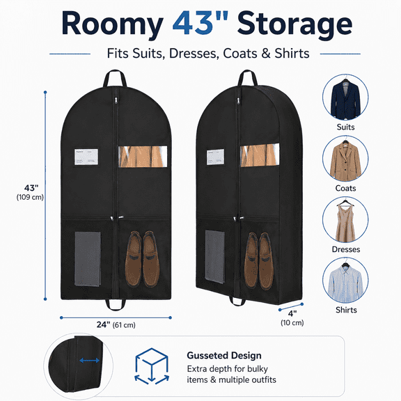 2 Pack Heavy Duty Garment Bags for Hanging Clothes, 43 Inch Gusseted Suit Bags with Handles, Clear Window and Pockets, Travel Garment Bag for Suits, Dresses, Coats, Shirts and Closet Storage, Black
