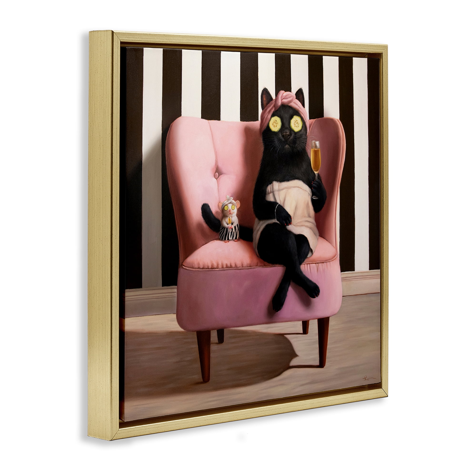 Stupell Industries Pamper Party Cat Gold Framed Floater Canvas Wall Art, design by Lucia Heffernan