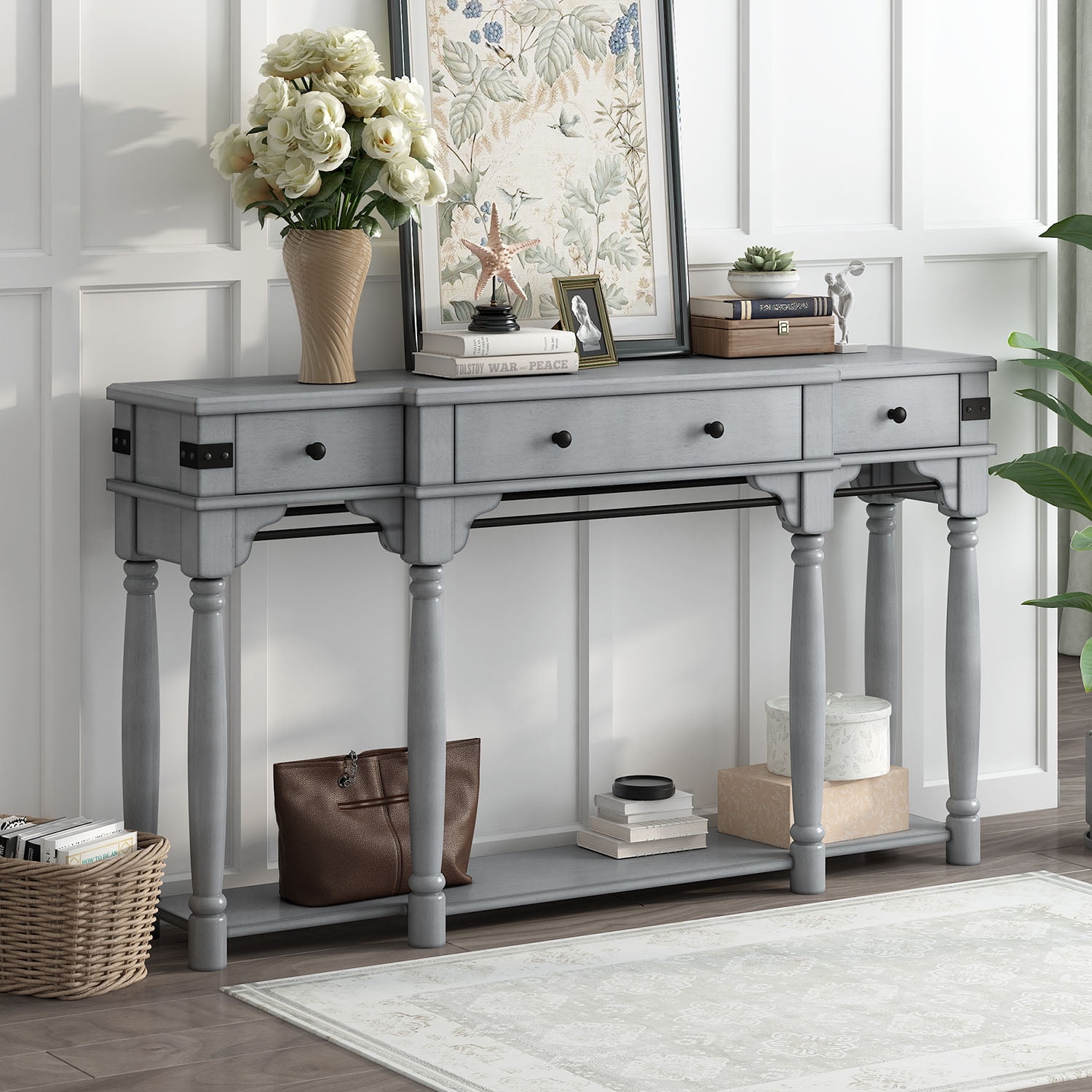 Kepooman 60" Narrow Sofa Entryway Table, Console Table with Storage Drawers and Bottom Shelf for Living Room, Antique Gray Kepooman 60" Narrow Sofa Entryway Table, Console Table with Storage Drawers and Bottom Shelf for Living Room, Antique Gray