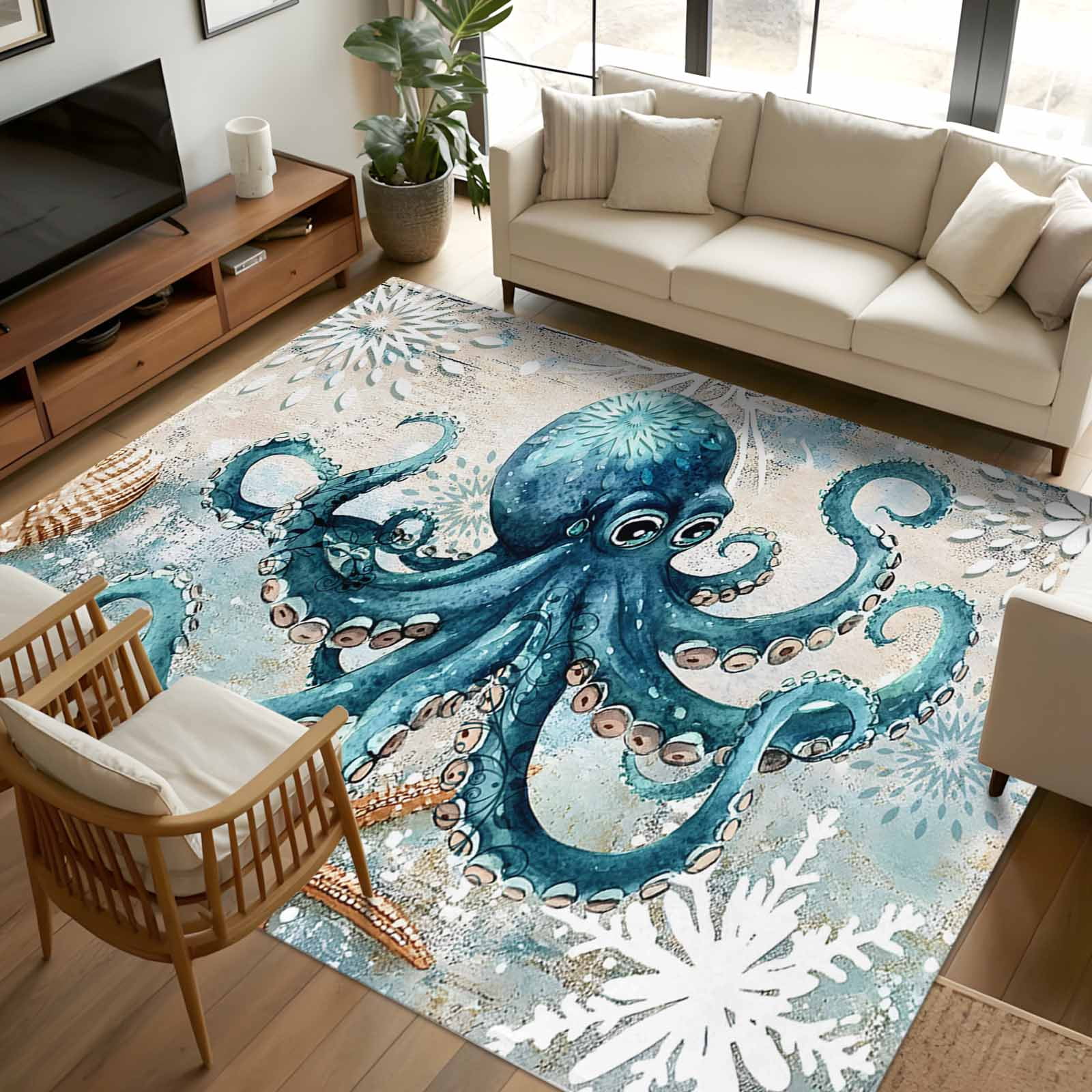 Teal Octopus Coastal Area Rugs 8x10 for Living Room, Summer Beach Vintage Nautical Non Slip Washable Rug Runner, Low Pile Indoor Floor Carpet Mat Bathroom Rugs for Bedroom, Kids Room