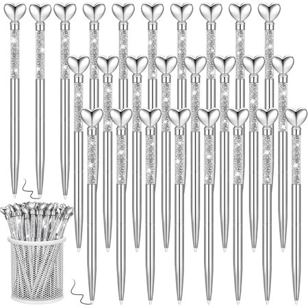 Hushee 24 Pcs Heart Shaped Pens Glitter Retractable Metal Ballpoint with Black Ink Wedding Diamond Crystal Pens Bridal Shower Pens for Wedding Office School Engagement Gift(Silver)