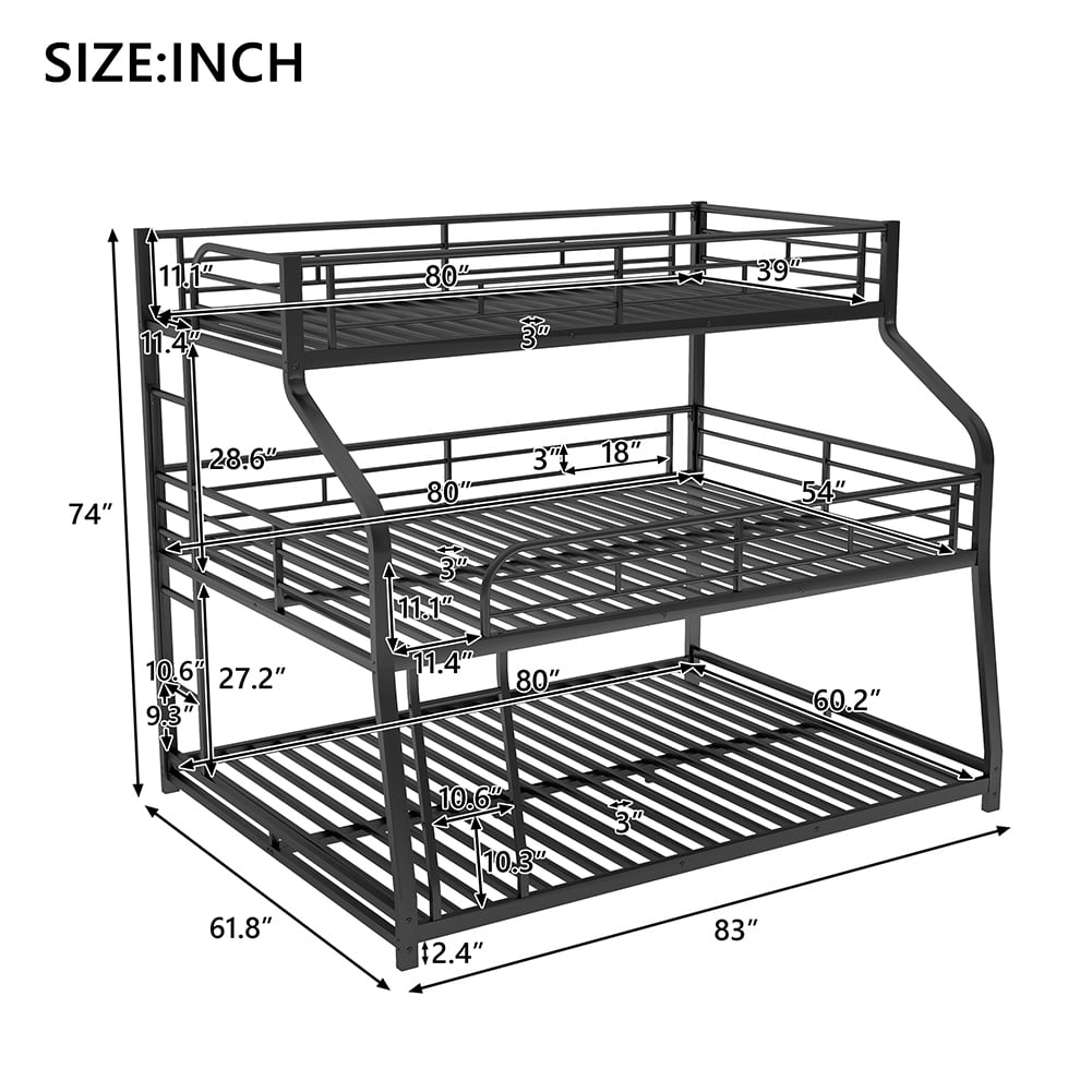 Kadyn Triple Bunk Bed, Metal Bunk Bed, Twin/Full/Queen, Black