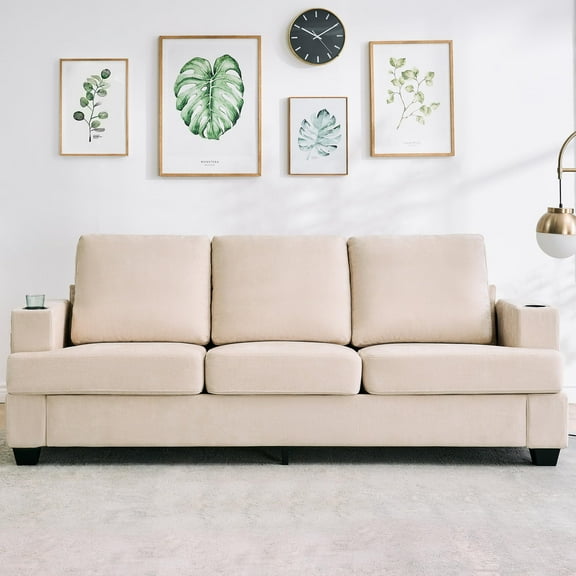 BouPower 89-Inch Modern 3-Seater Sofa Couch with Cup Holders and Side Storage Pockets, Comfy Couches with Deep Seat for Living Room Apartment Lounge, Beige