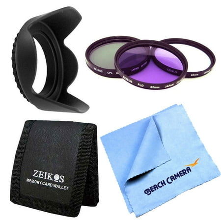 Special 62mm Filter & Hood Essential 7pc kit UV, Polarizer & FLD Deluxe Filter Kit Hard Lens Hood for Nikon Canon Sony DSLR Camera Micro Fiber Cloth Memory Card Wallet Bundle