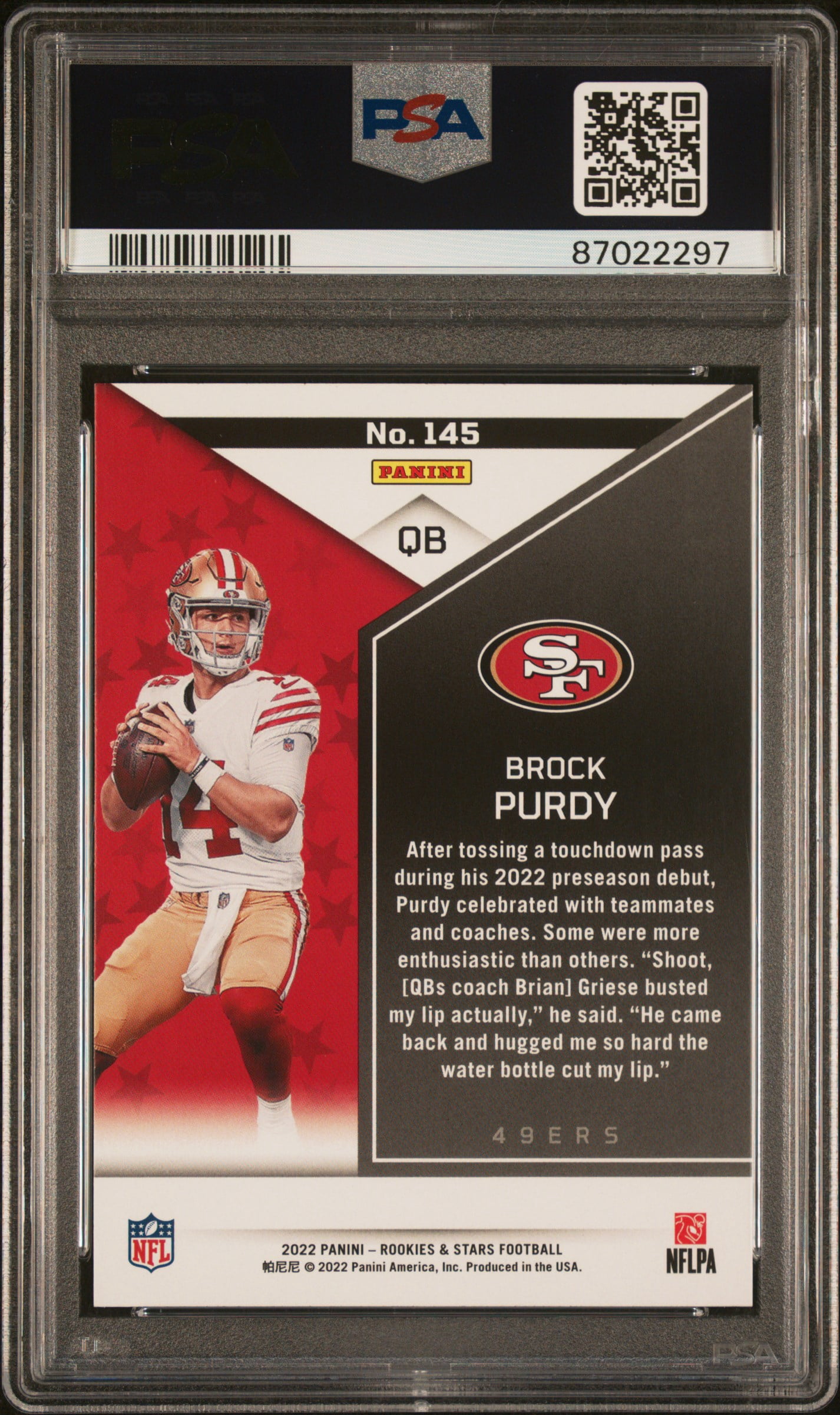 Brock Purdy 2022 Rookies and Stars Rookie Football Card #145 Graded PSA 10 Cert #87022297