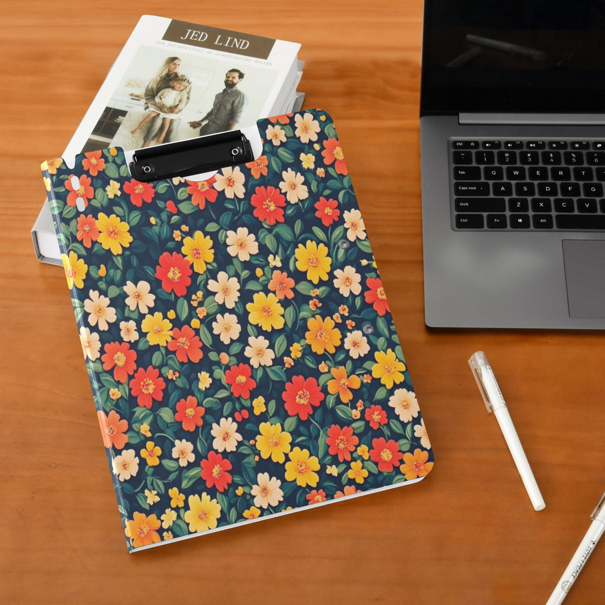 FORMRS A4 Clipboard Folder with Pen Holder Horizontal Foldable School Office Binder, Vibrant Flowers