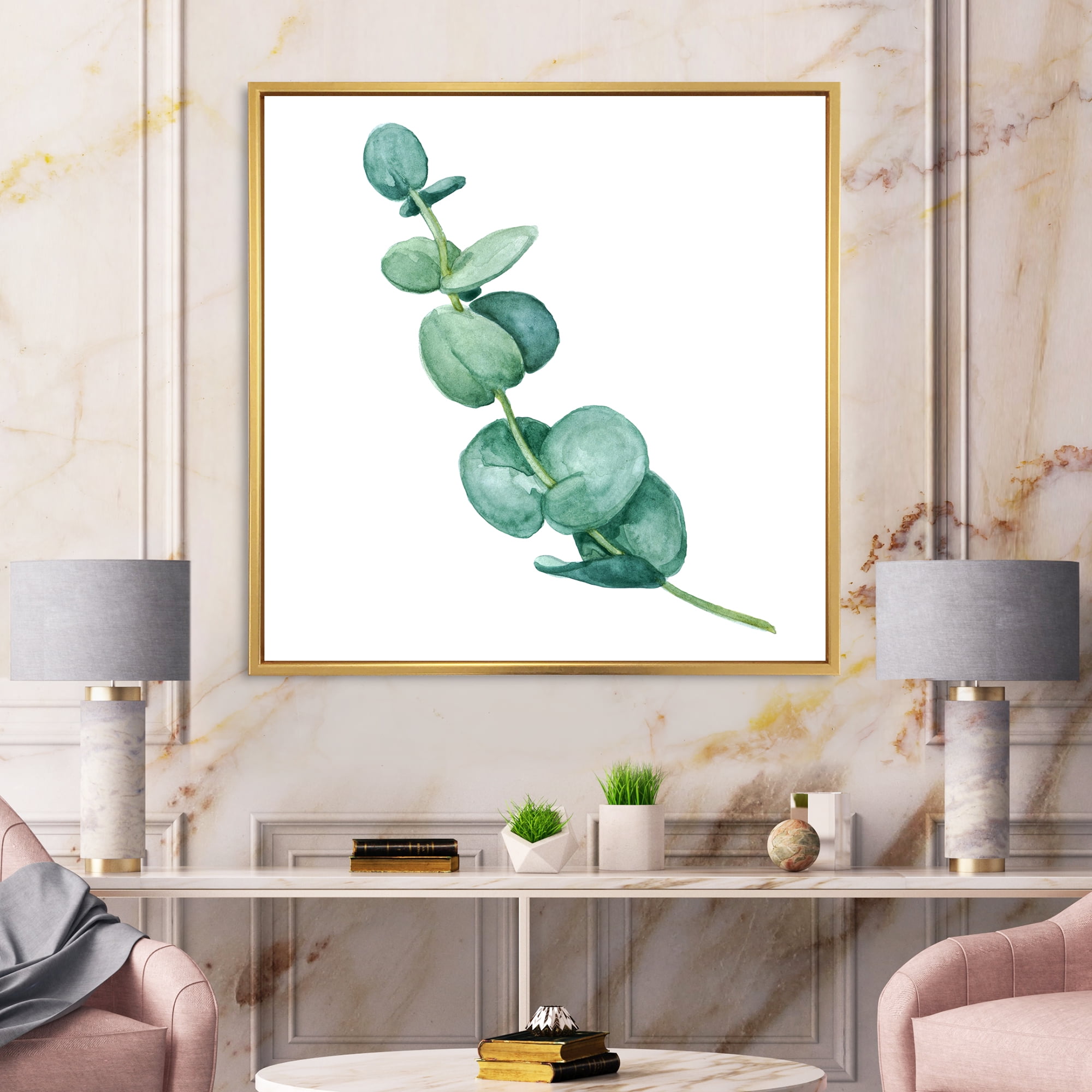 Young Eucalyptus Branches and Leaves II 16 in x 16 in Framed Painting Canvas Art Print, by Designart