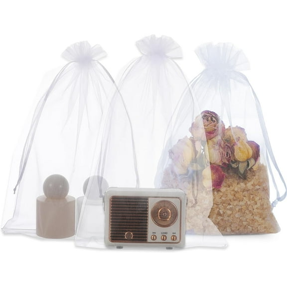 XD4-25 Pcs Drawstring Organza Bags, 8 x12 Inches Mesh Bags Drawstring, Mesh Gift Bags, Large Wedding Gift Gags, Party Favor Bags, Fruit Protection Bags, White Sheer Organza Bags*04