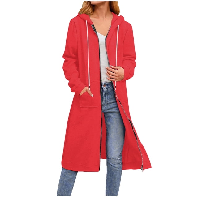 YUTK Veste Femme, Femmes Décontracté Manches Longues Ample Mode Poches Fermeture Éclair Uni à Capuche Chandails Long Manteau (Rouge, TTG)