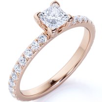 JeenMata Modern 1 Carat - V Prong Set - Square Cut Moissanite - Pave Eternity Band - Thin Band Engagement Ring in 18K Rose Gold over Silver