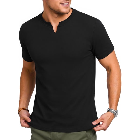 RICHCOIN Mens Muscle Slim T Shirts Texture V Neck Henley Gym Workout Athletic Tee Shirt