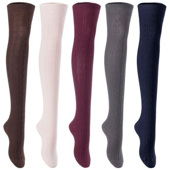 5 Pairs Awesome Durable Women Thigh High Cotton Boot Socks. Perfect As Winter & Spring Socks Size 6-9 T1024 Coffee,Beige,Wine, Dark Grey,Navy