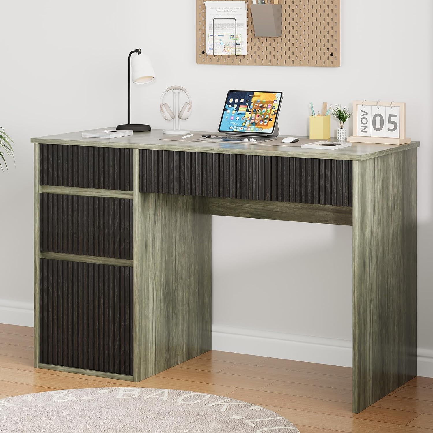 DreamCurship 48 inch Computer Desk with 4 Storage Drawers, Home Office Desks with Hidden Handle, Wooden Desk for Small Spaces, Grey