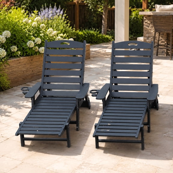HDPE Chaise Lounge Chair - 4-Pos Backrest, 360 LBS, Black Outdoor Pool Patio Furniture