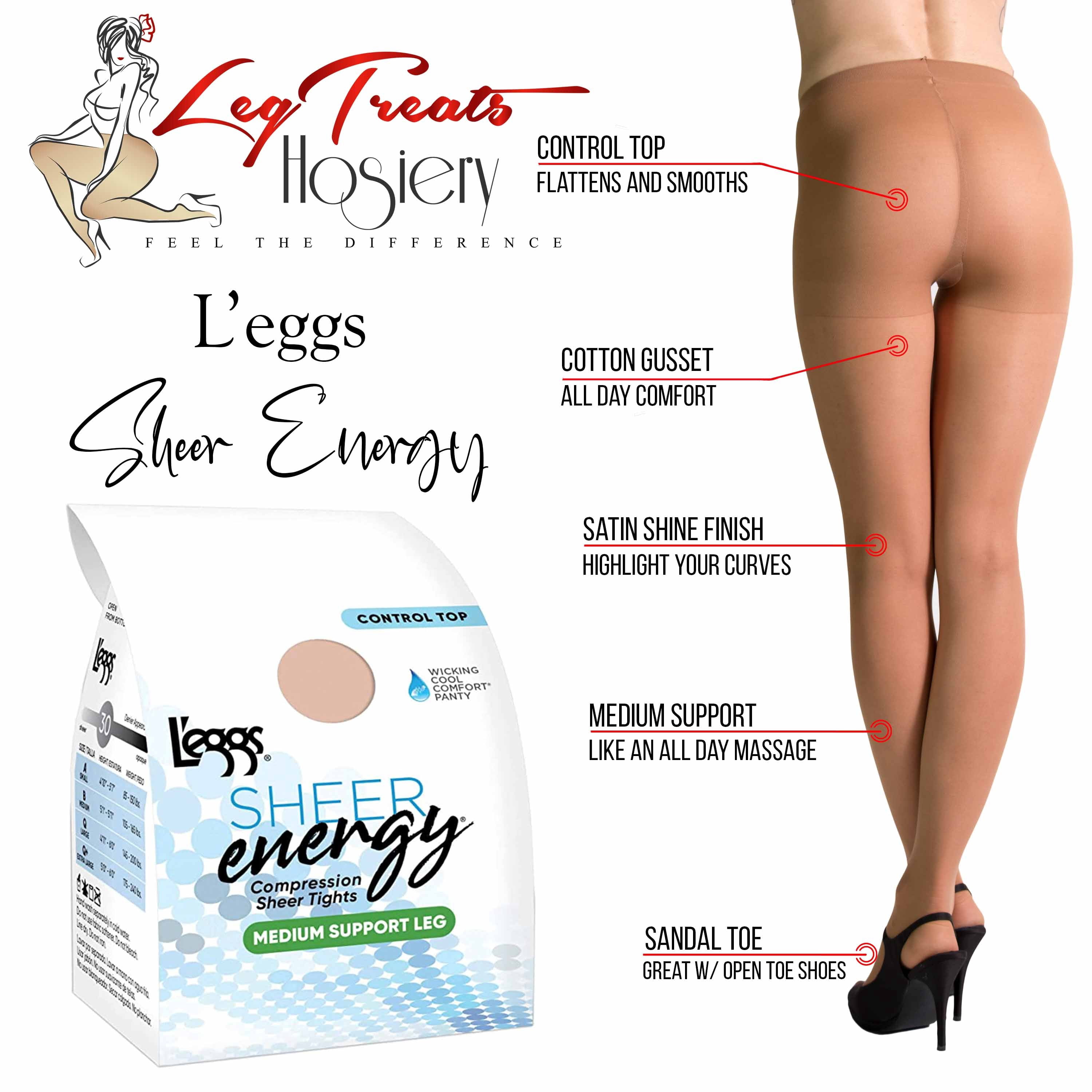 L'Eggs Sheer Energy Medium Support Leg Control Top Wicking Sheer Toe Pantyhose