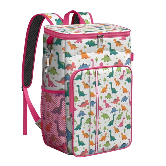 Travel Cooler Bag - White Cartoon Dinosaurs Trees Pattern Camping Beer Cooler Backpack with Bottle Opener- Waterproof Insulated Picnic Backpacks - Cooler Bag for Beach