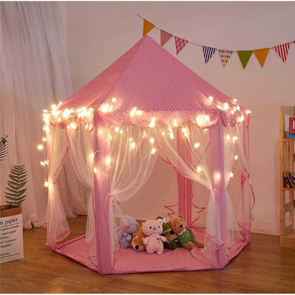 ZNCMRR Princess Castle Play Tent for Little Girls with Large Star String Lights & Balls Kid’s Hexagon Playhouse for Children Indoor and Outdoor Games 55 x 53 Pink 