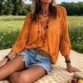 thumbnail image 4 of Women's Bohemian-Inspired Beige Crochet Hollow Out Top with V-Neck, Summer Beach Loose Fit Long Sleeve Crochet Cover Up Sweater, Swimsuit Cover-Up Short Sleeve Top Orange XL, 4 of 6