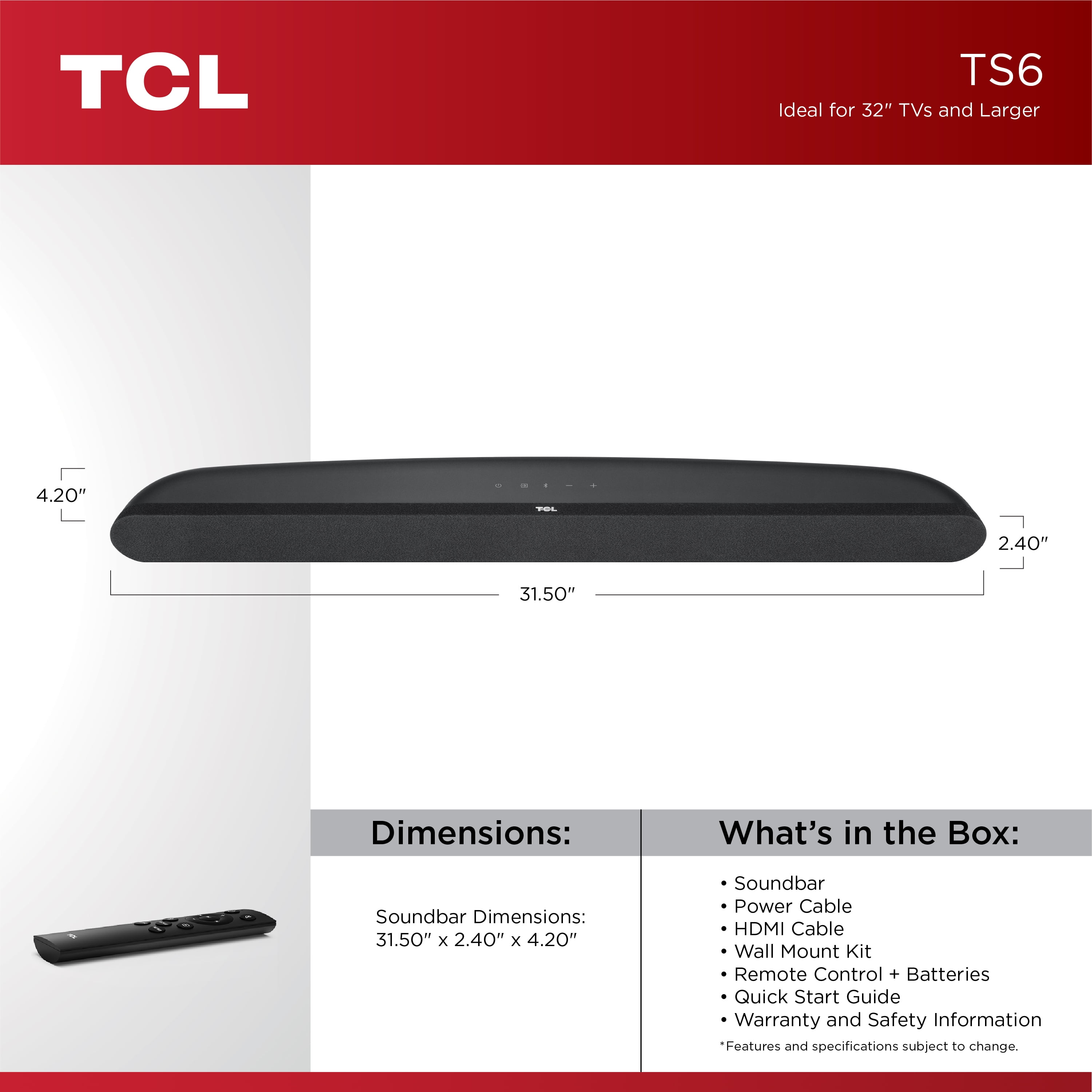TCL Alto 6 Dolby Audio 2 Channel Sound bar with Roku TV Ready - TS6