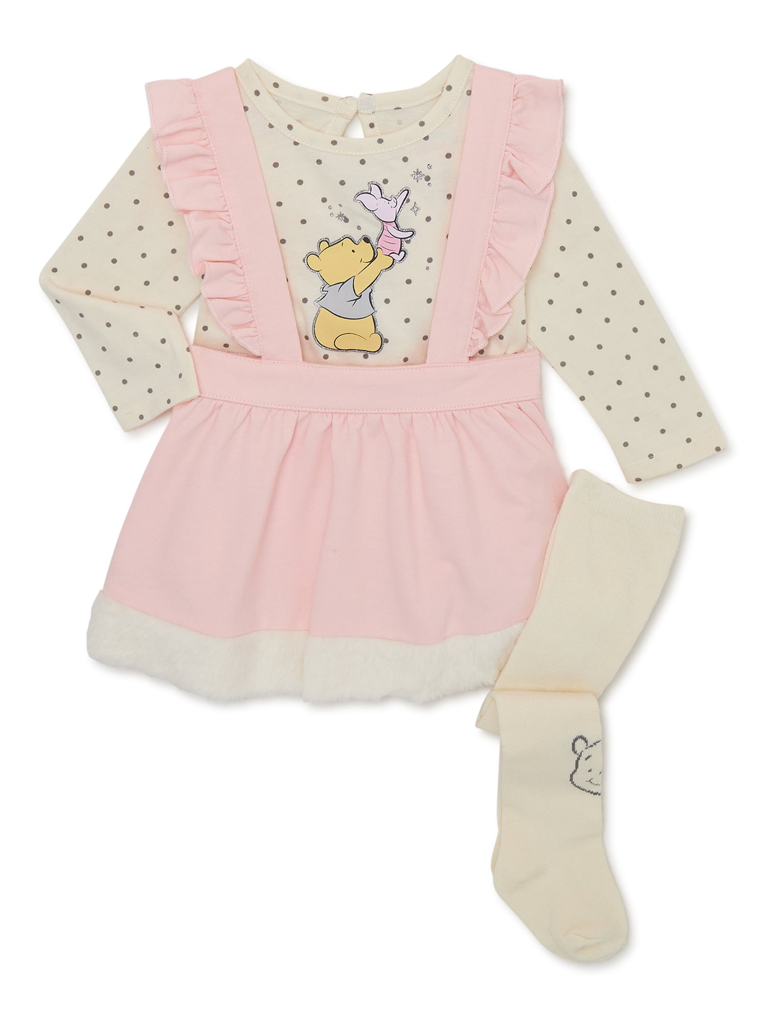 Disney Winnie the Pooh Baby Girl Top, Pinafore and Tights Outfit Set, 3