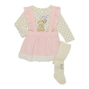 Disney Winnie the Pooh Baby Girl Top, Pinafore and Tights Outfit Set, 3-Piece, Sizes 0/3-24 Months