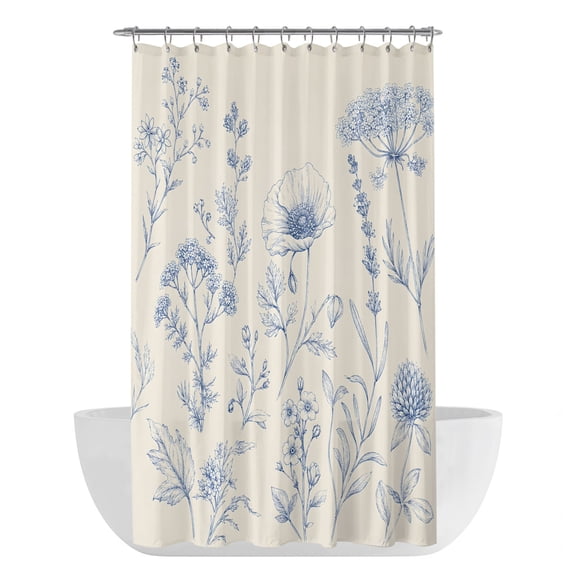 Blue Floral Shower Curtain - Water Repellent Fabric Shower Curtains Washable, Vintage Wildflowers Pastoral Botanical Retro Beige Decorative Polyester Cloth Bathroom Curtains Modern Bath Decor 36"x72"