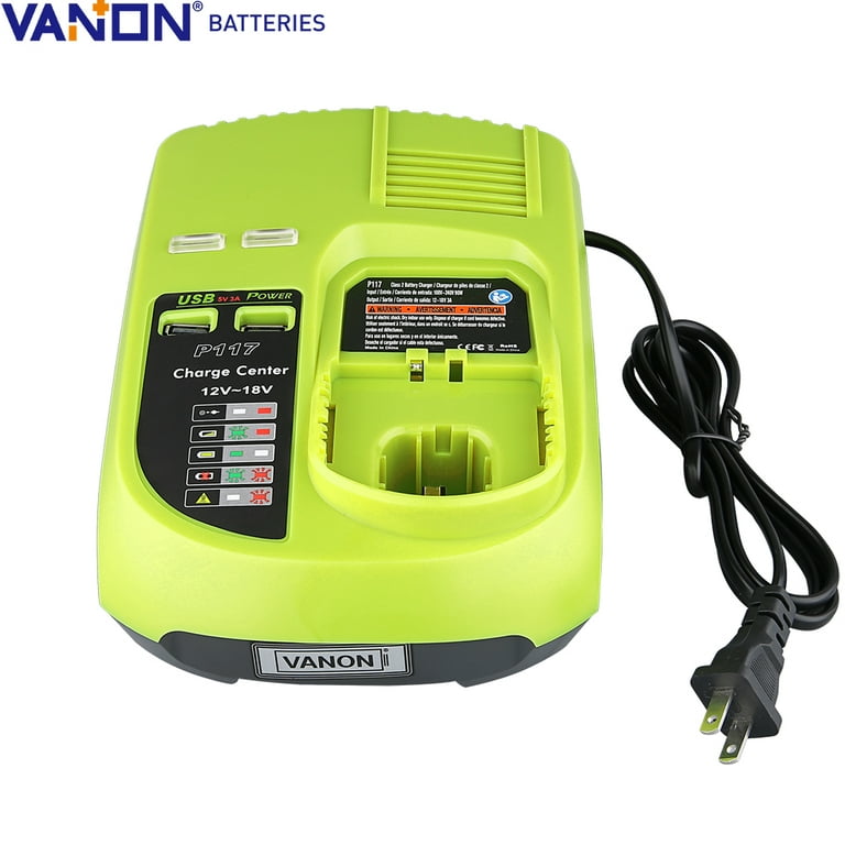 P117 Lithium Ion Dual Chemistry Battery Charger for Ryobi One+ 18V  Lithium-Ion NiCd NiMh Battery P100 P101 P102 P103 P104 P105 P107 P108 P118  with 2 USB Port 